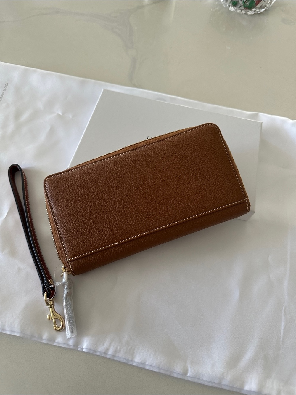Dooney & Bourke Brown Pebbled Leather Zip Wristlet with Gold Plaque - Picture 3 of 7
